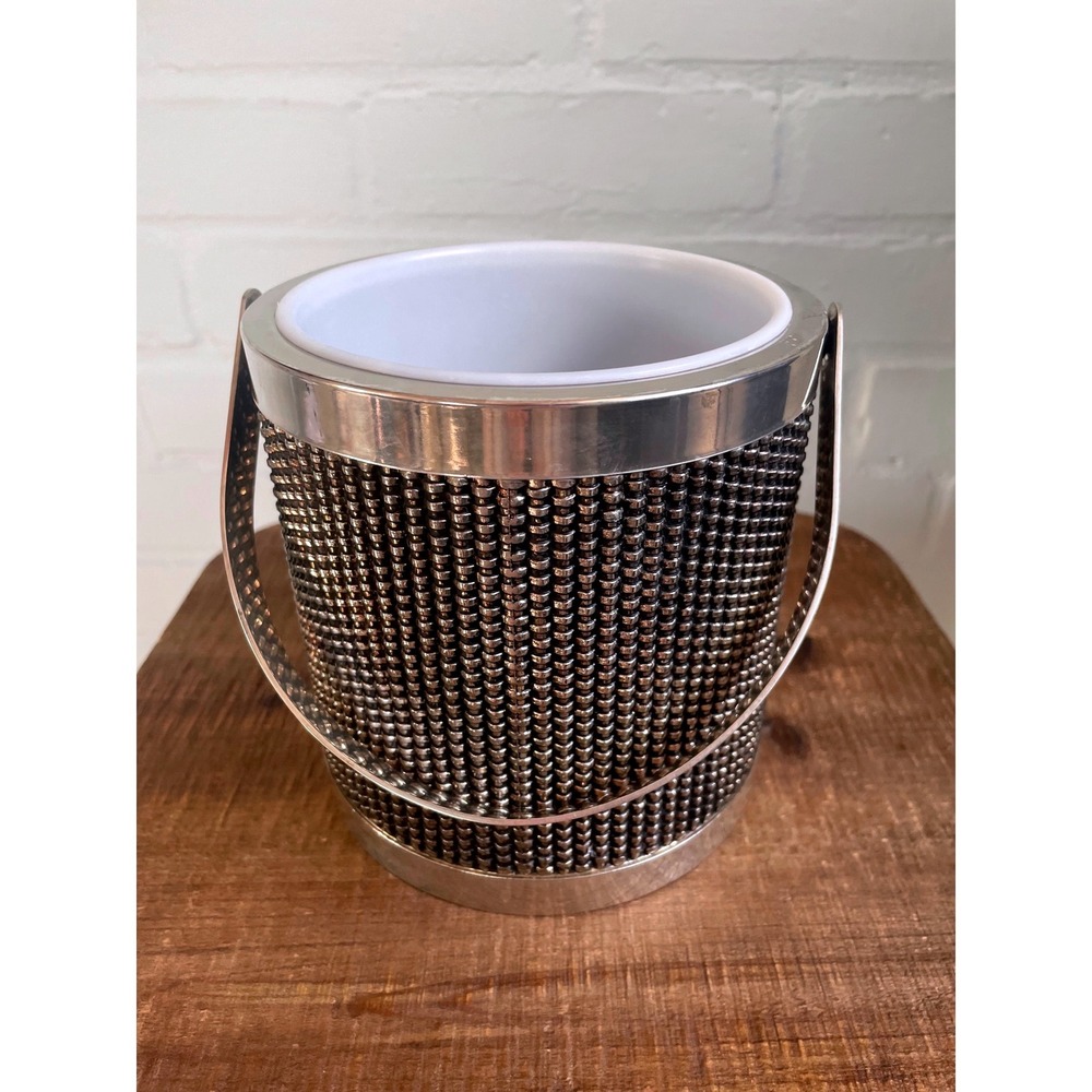 Vintage Silver Tone Beaded Ice‎ Bucket with White Insert and Handle